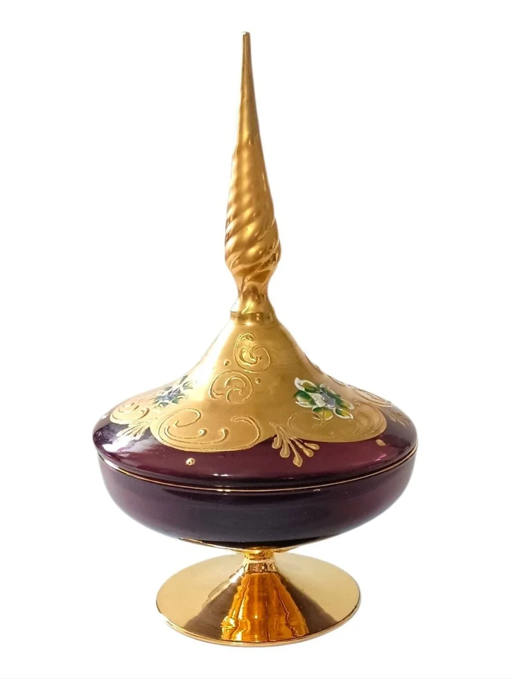 Vtg Amethyst Glass Trinket Dish Pedestal Finial Lid Vanity Gold Gilt Candy Jar